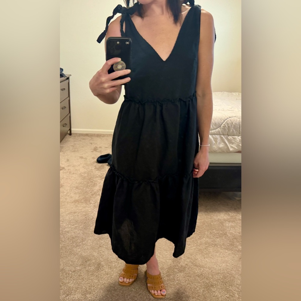 Petal & Pup Black Tiered Linen Midi Dress